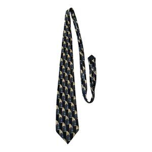 Lanvin Paris 100% Silk Tie Geometric Art Deco Gate Pattern Black Gold Blue Vinta